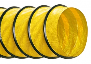 1PN-EP-HM Flexible Hose from Hi-Tech Duravent, one ply polyester neoprene coated expanded pitch with enclosed wire helix and a vinyl wearstrip, yellow with black wearstrip